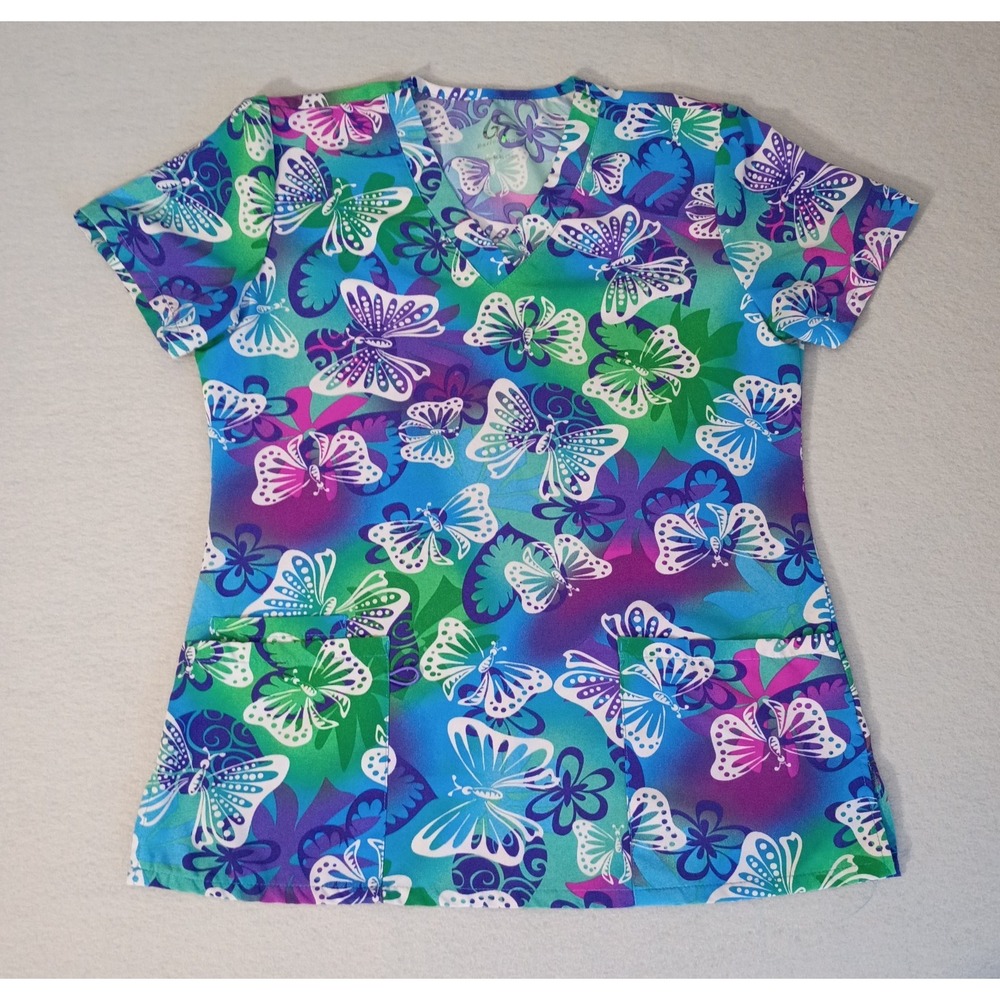 GT Performance Scrub Top Butterflies Womens Size S Ligtweight‎ With Pockets